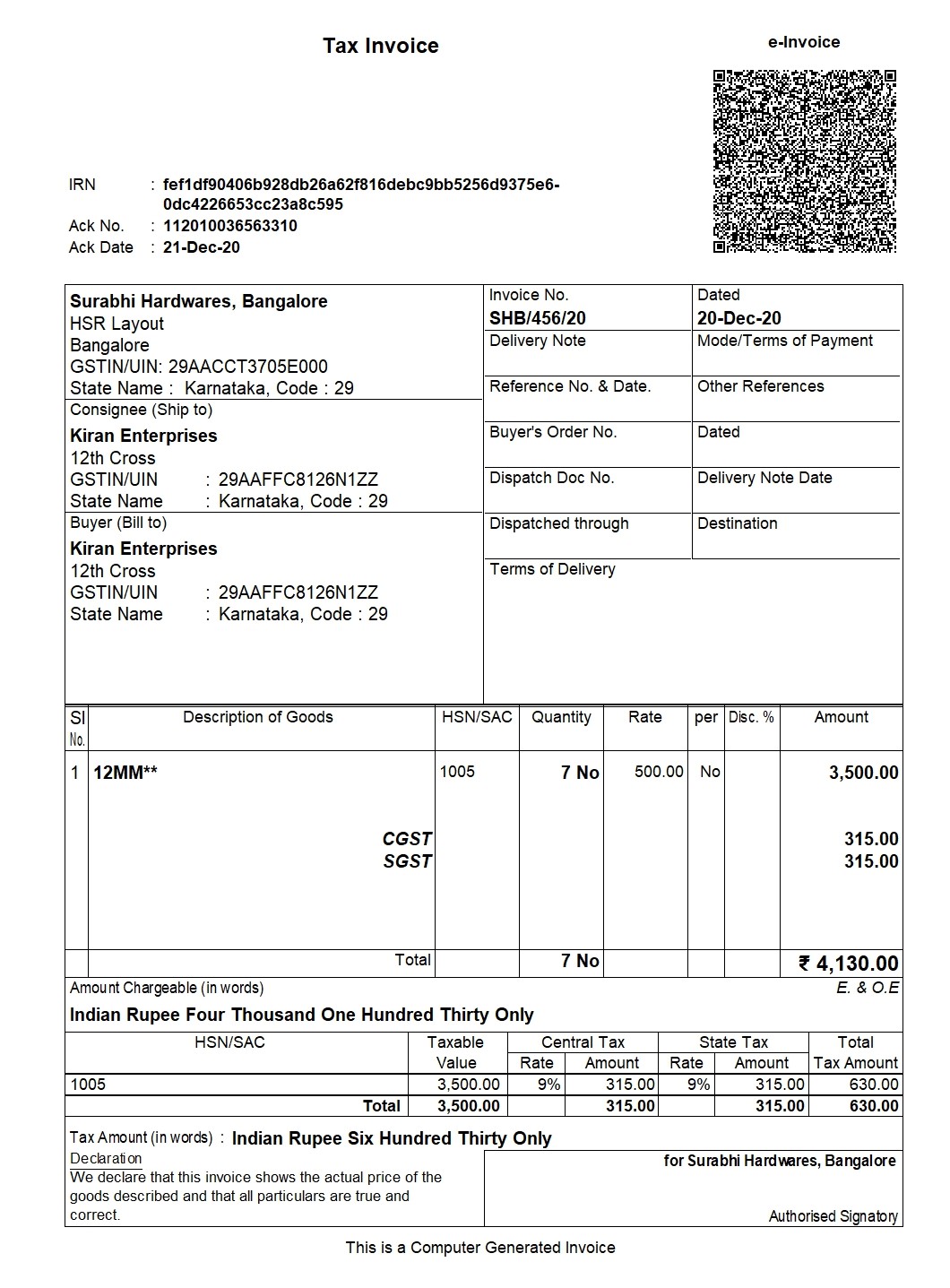 Tax Invoice e-invoice in TallyPrime